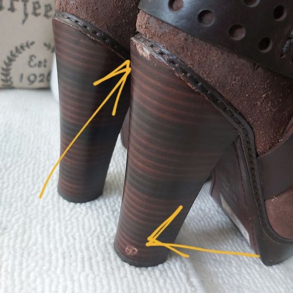 Frye Harmony heel suede leather boots brown harness platform - Picture 6 of 16